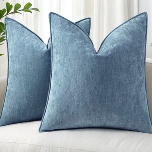 Set Of 2 Soft Blue Elegant Chenille Accent Pillow Covers Size 18 X 18